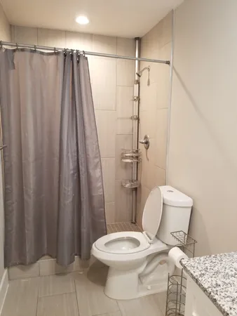 a white toilet sitting next to a shower curtain