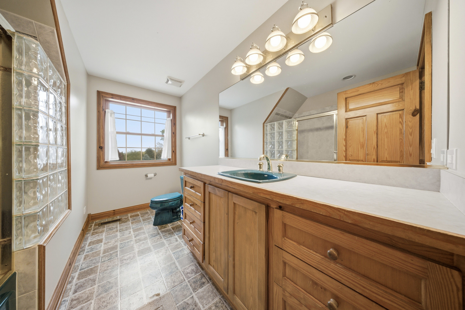 10731 Somonauk Road Hinckley, IL 60520 - Photo 43 of 48 a spacious bathroom with a granite countertop sink a toilet and a mirror