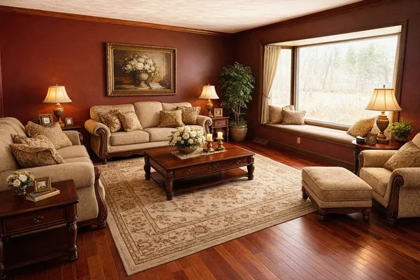 a living room with furniture wooden floor and a large window