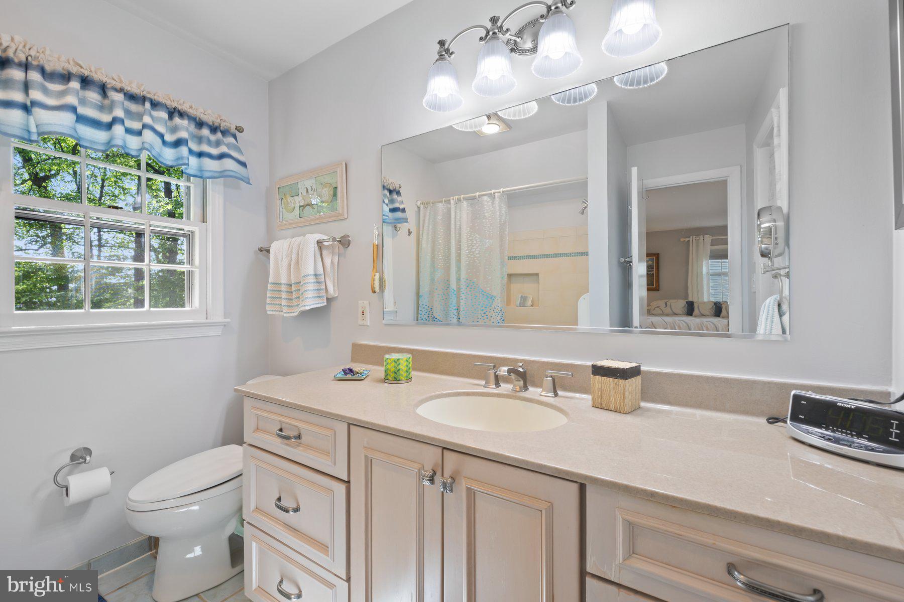 13820 Flint Rock Road Rockville, MD 20853 - Photo 37 of 50 a bathroom with a granite countertop sink a toilet and a mirror