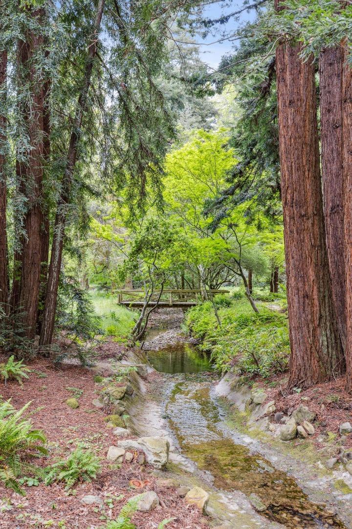100 Cañada Road Woodside, CA 94062 - Photo 46 of 79 a backyard of a house with lots of plants and large trees
