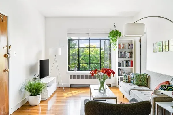 a living room with furniture potted plant and a large window