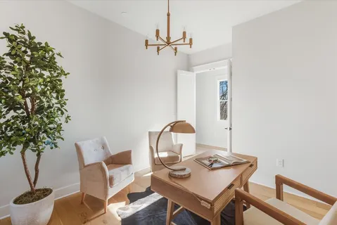 a workspace with furniture and a potted plant
