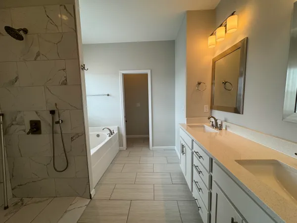a spacious bathroom with a double vanity sink mirror and shower