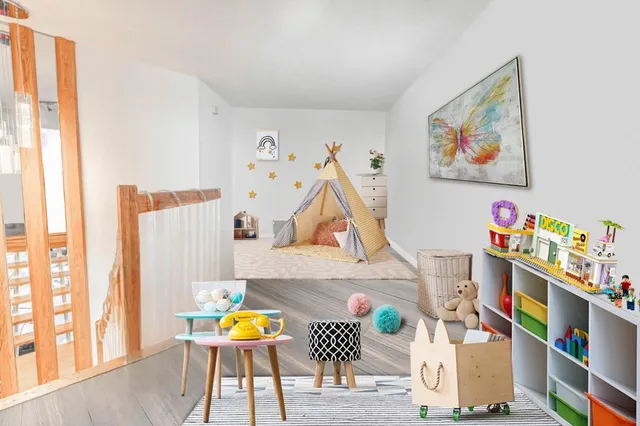 a living room with furniture and a book shelf