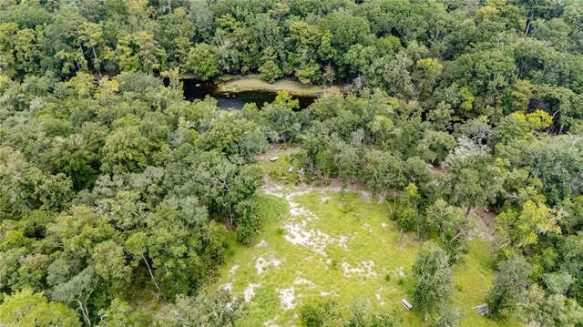 an aerial view of residential house with space and trees all around