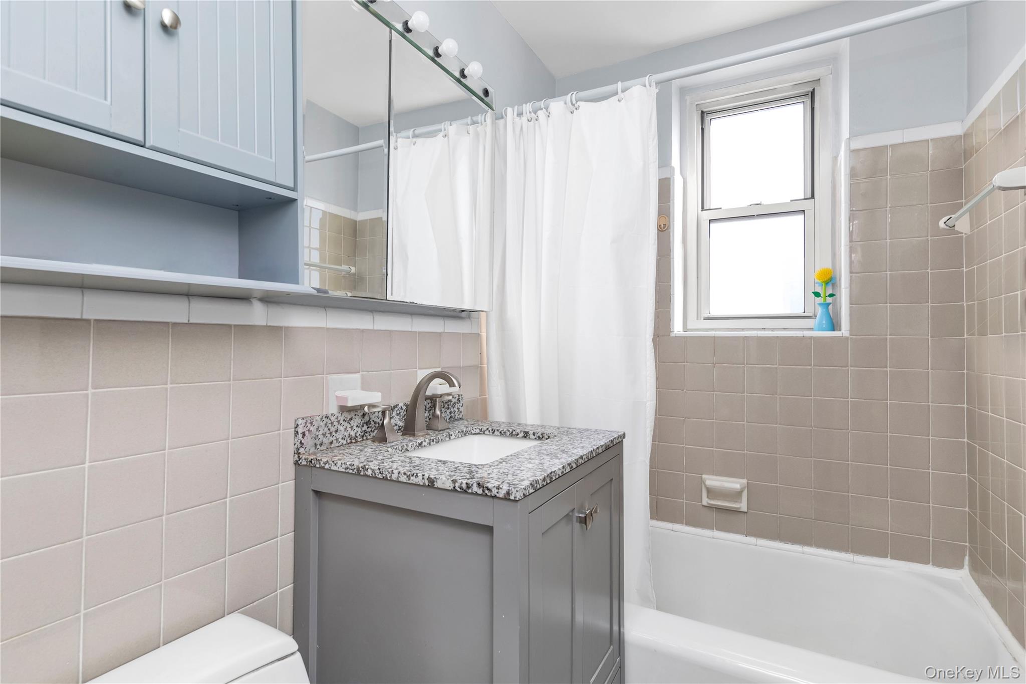 209-20 18th Avenue, Unit 6C Queens, NY 11360 - Photo 10 of 14 a bathroom with a granite countertop sink a toilet and bathtub