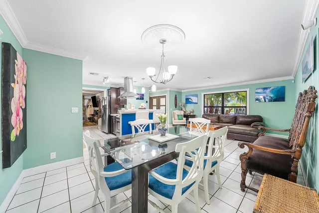 a view of a dining room with furniture