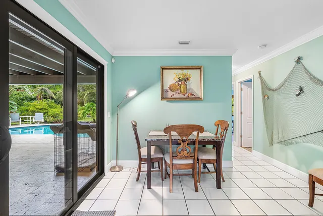 a view of a dining room with furniture window and outside view