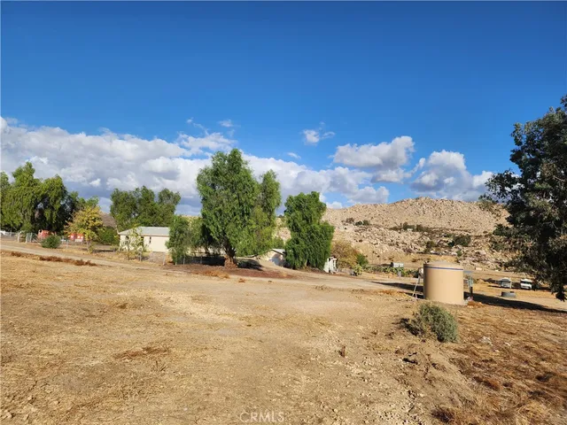 a view of a dry yard with trees