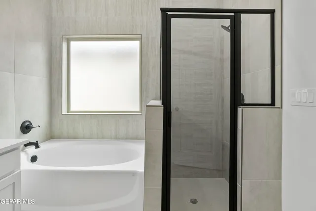 a bathroom with a bathtub and a shower