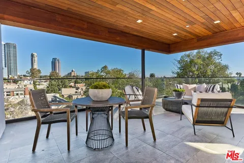 a roof deck with couches and potted plants