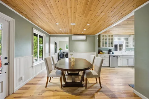 a view of a dining room with furniture window and wooden floor