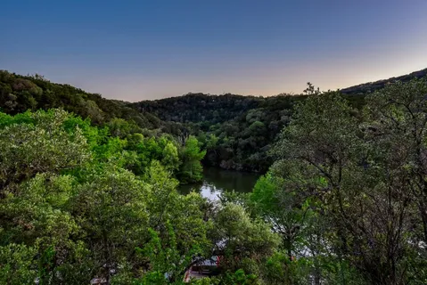 a view of a city with lush green forest