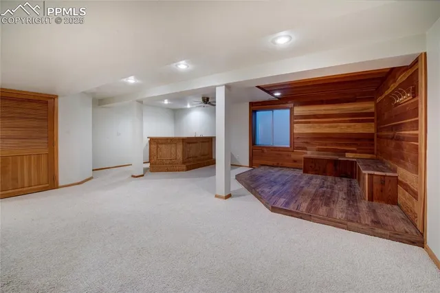 a view of a garden with a fountain