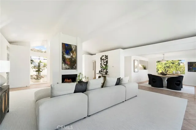 a living room with furniture a fireplace and a potted plant
