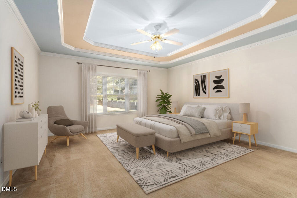 4800 Rhythm Drive Apex, NC 27539 - Photo 16 of 32 a spacious bedroom with a bed a couch and a chandelier