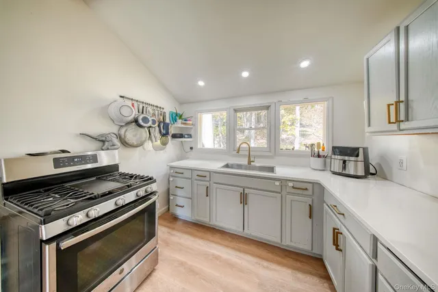 a kitchen with a stove and a sink