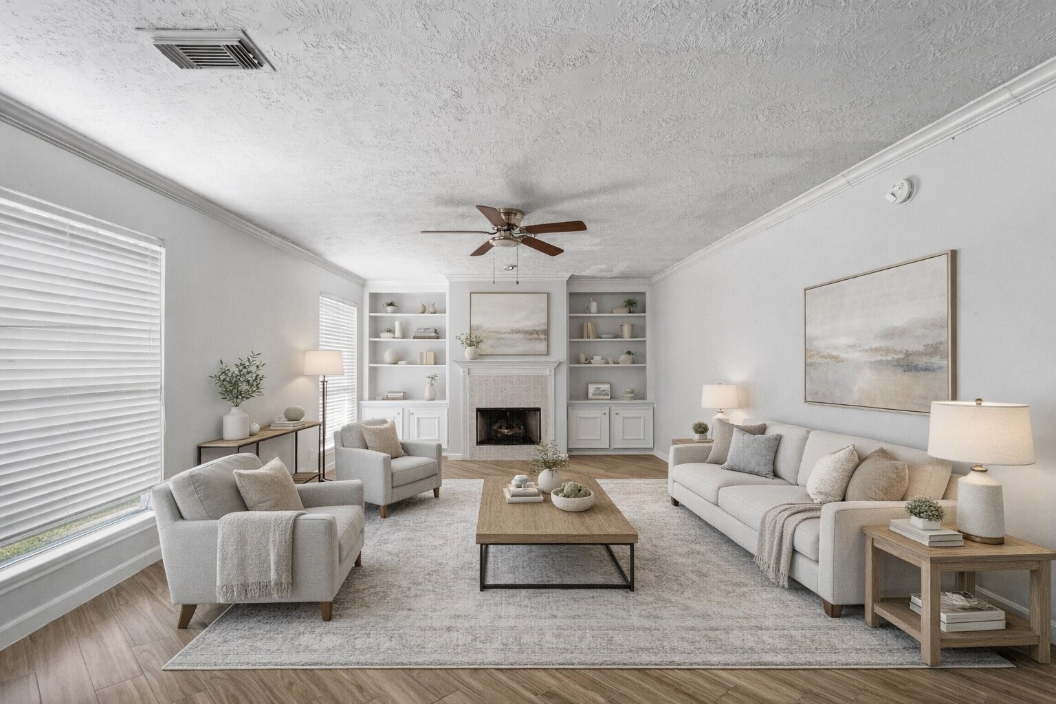 a living room with furniture and a fireplace