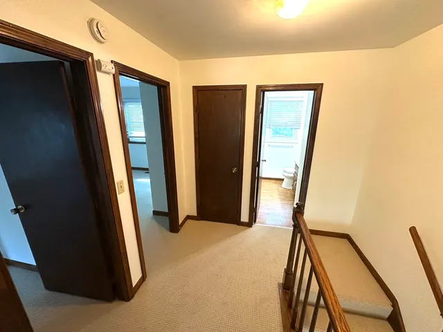 a view of a hallway with painted walls