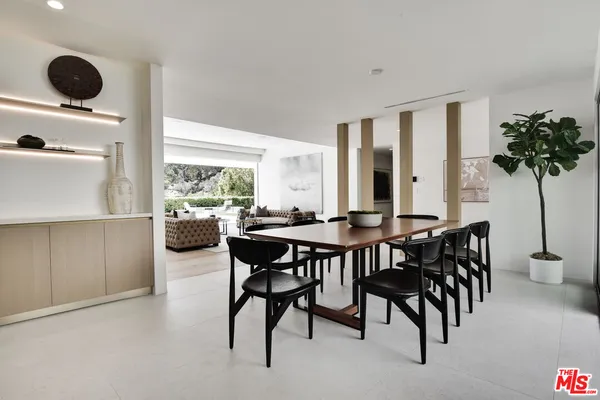 a view of a dining room with furniture and window