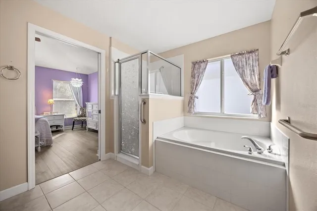 a bathroom with a tub a sink and a mirror