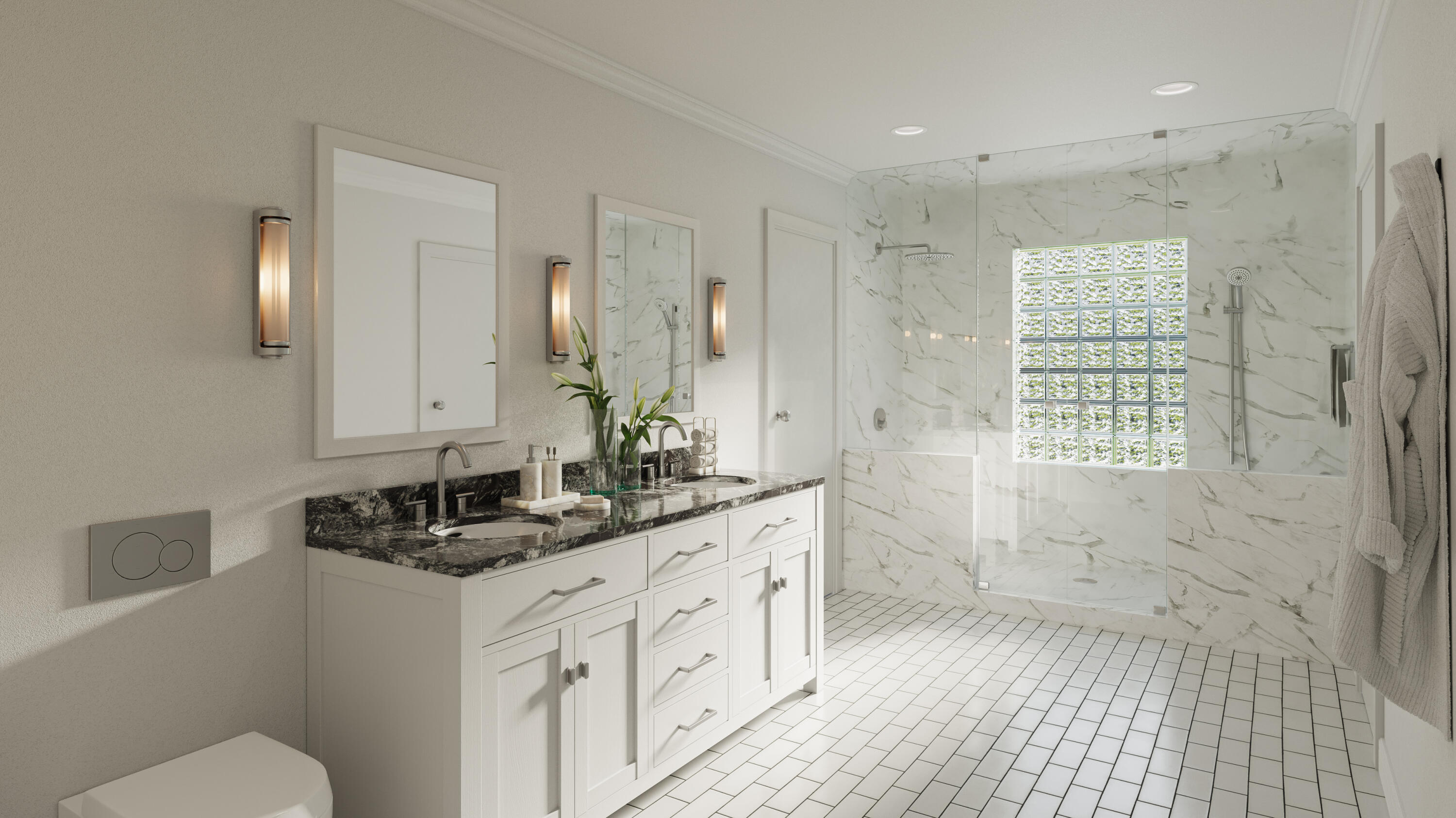 4530 Via Clarice Santa Barbara, CA 93111 - Photo 26 of 28 a bathroom with a double vanity sink a toilet a shower and a mirror