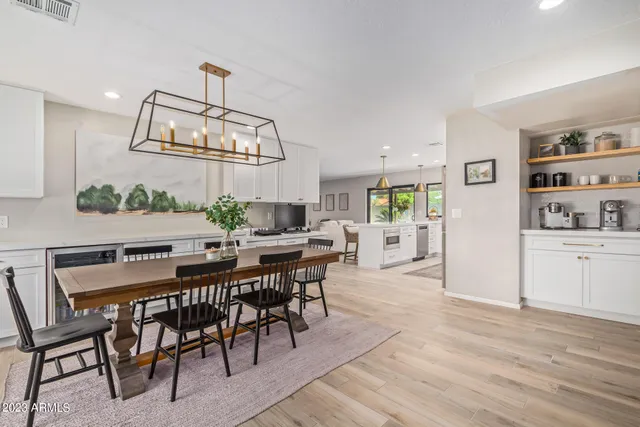 a view of a dining room with furniture
