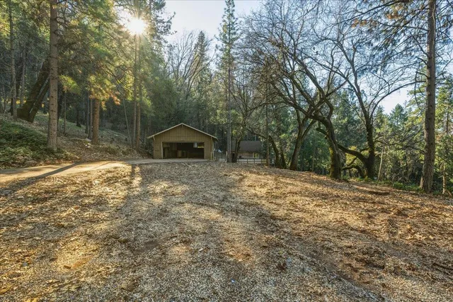 a backyard of a house with large trees and wooden fence