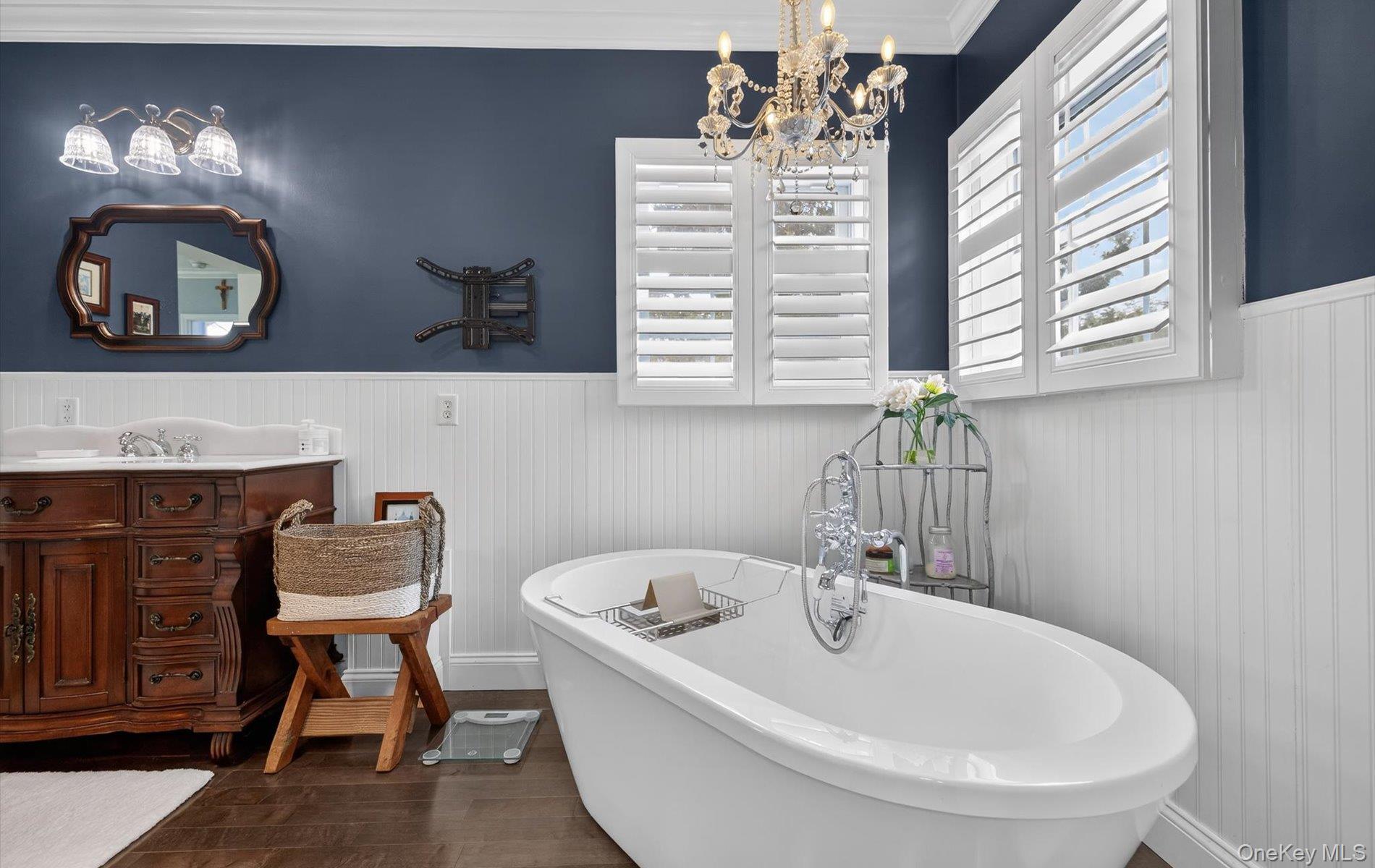 108 Awixa Avenue Bay Shore, NY 11706 - Photo 20 of 47 Bathroom featuring vanity, crown molding, a wainscoted wall, dark wood finished floors, and a soaking tub