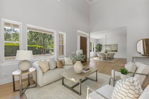 a view of a dining room with furniture window and flowerpot