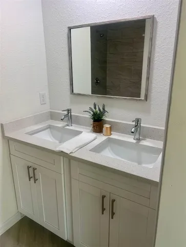 a bathroom with a sink and a mirror