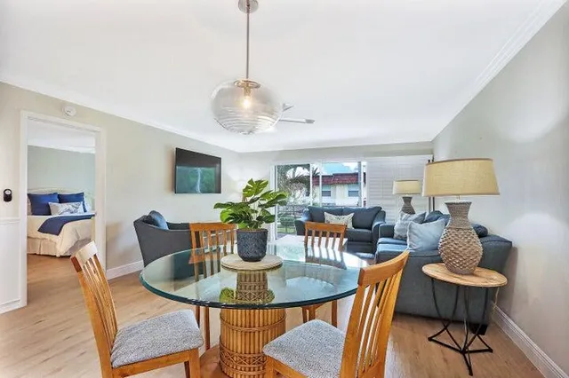 a view of a dining room with furniture