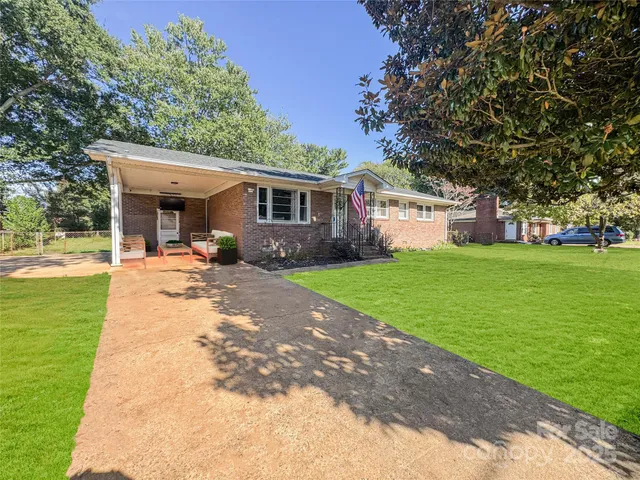 a view of a yard with a house and a large tree