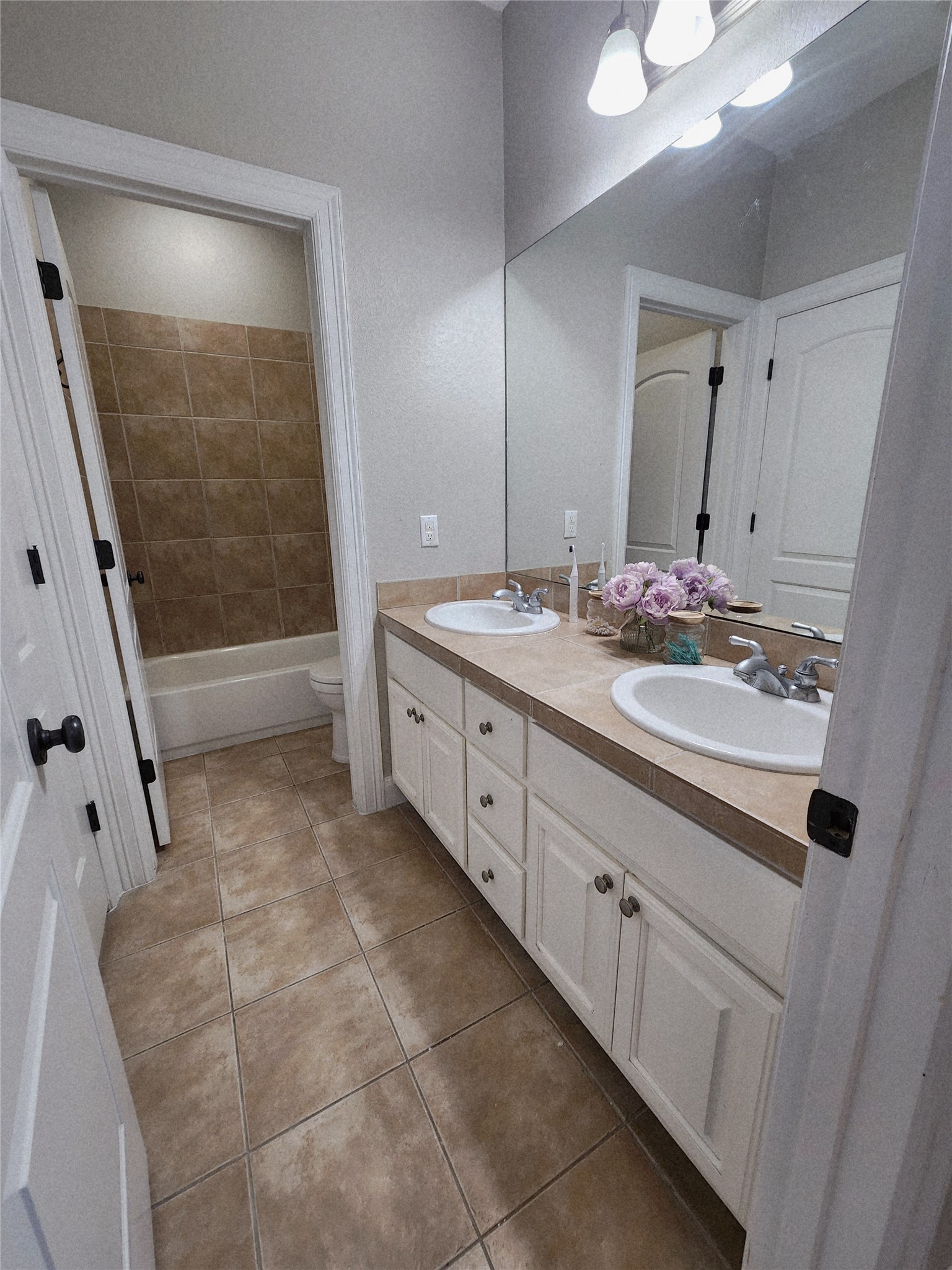152 Silver Hawk Court Dripping Springs, TX 78620 - Photo 22 of 31 a bathroom with a double vanity sink and mirror with shower