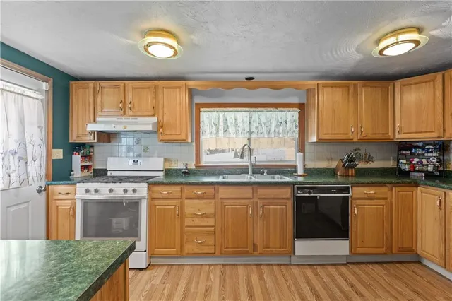 a kitchen with stainless steel appliances granite countertop a stove a sink dishwasher and a microwave oven with cabinets