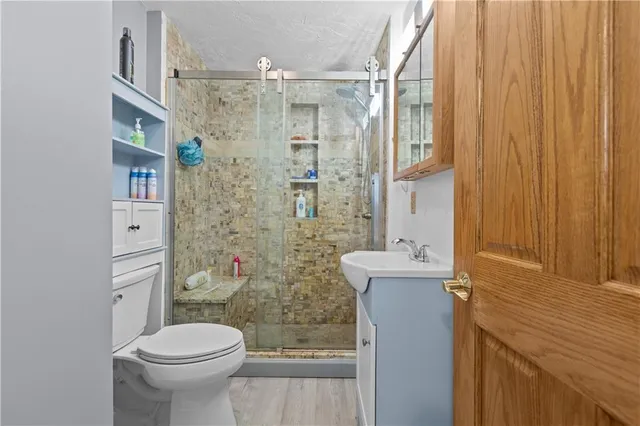 a bathroom with a sink a toilet and shower