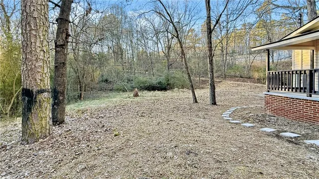 a view of a yard with plants and trees