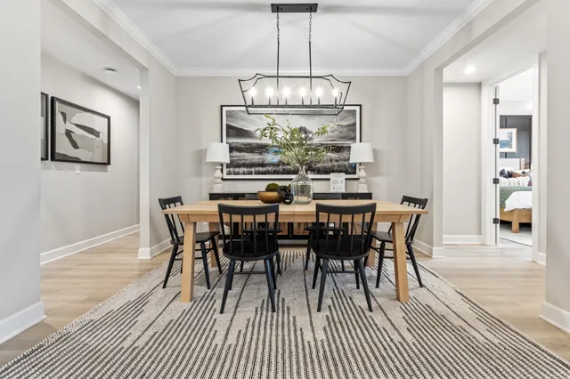 a view of a dining room with furniture