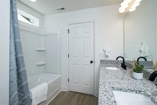 a bathroom with a granite countertop sink a bathtub and shower