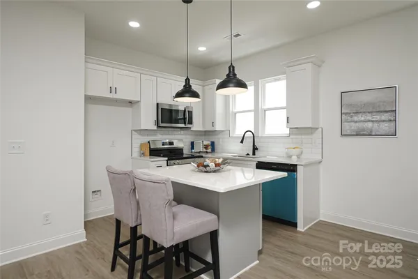 a kitchen with a sink a counter space appliances and cabinets