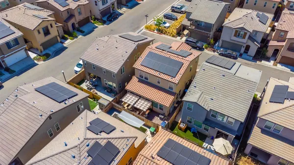 an aerial view of a building with many windows
