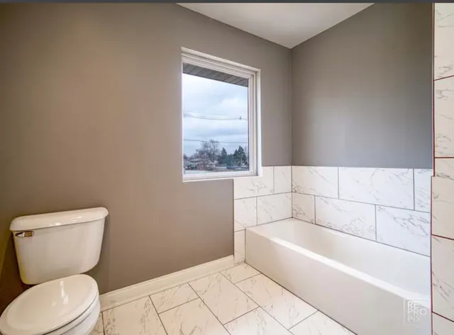 a bathroom with a toilet and bathtub