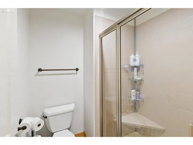 a bathroom with a shower and a toilet