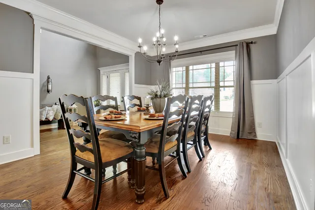 a view of a dining room with furniture window and wooden floor