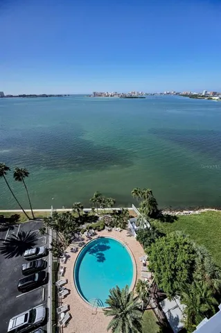 a view of a swimming pool with a yard