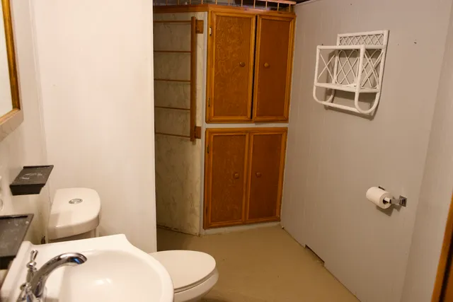 a bathroom with a toilet and a shower