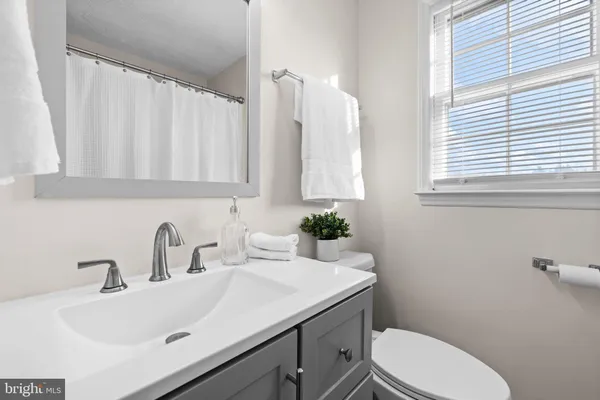 a bathroom with a sink a toilet and a mirror