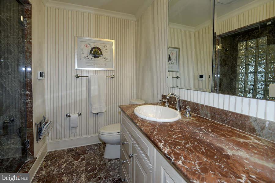 9017 Clewerwall Drive Bethesda, MD 20817 - Photo 12 of 27 a spacious bathroom with a granite countertop sink a toilet a shower and a window