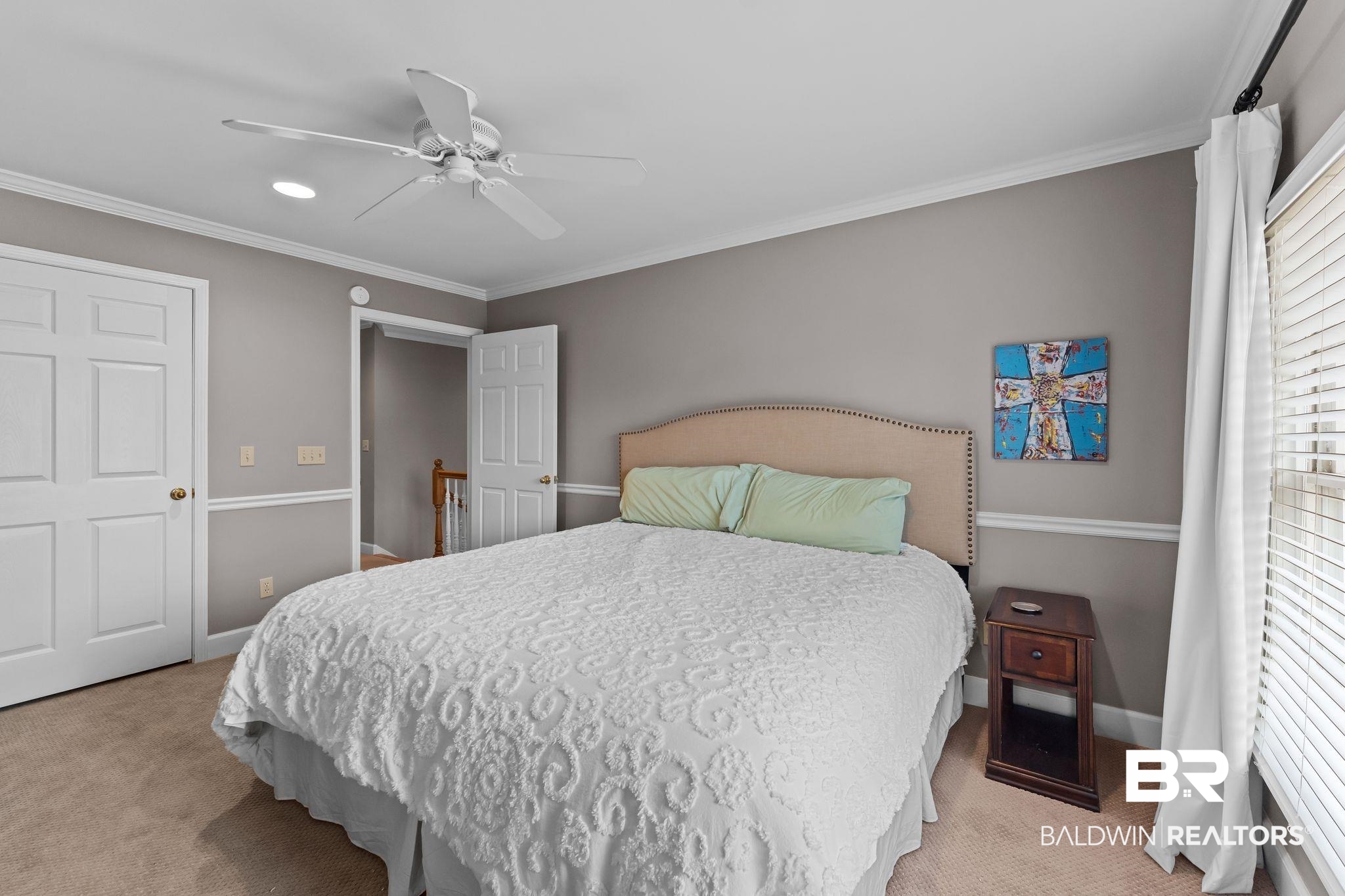525 Norwood Road Monroeville, AL 36460 - Photo 35 of 55 Bedroom with light colored carpet, crown molding, and a ceiling fan